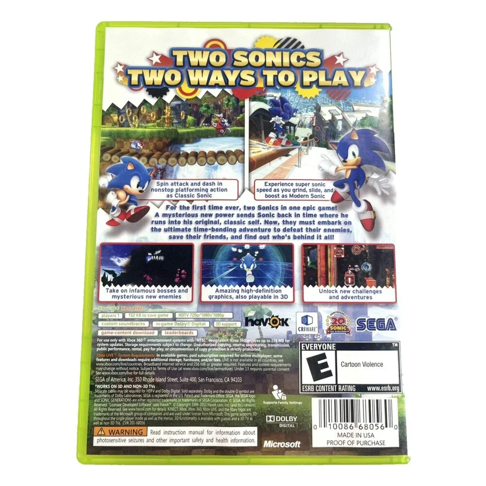 Sonic Generations SEGA 2011 Microsoft Xbox 360 Complete with Manual Tested